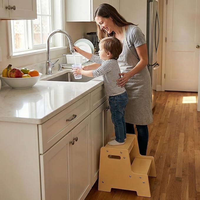 Stepup Baby Wooden Step Stool for Kids Varnished – 2-Step Toddler Stool with Handles, Birch Plywood, Anti-Tip Base & Rounded Corners – Bathroom Sink & Countertop Step Stool