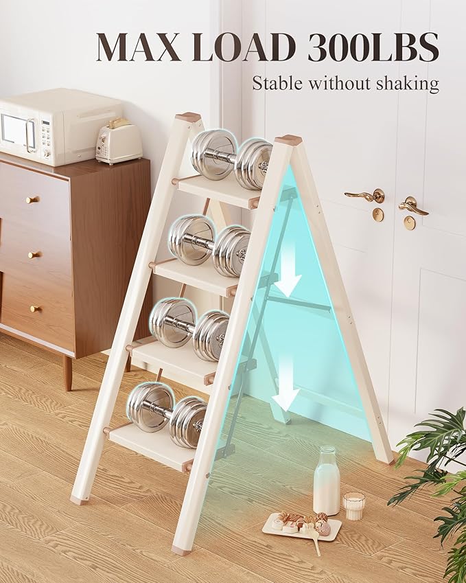 GameGem 4 Step Ladder, Folding Step Stool with Wider Pedal, Anti-Slip Feet & Non Slip Stripes, Aluminum Sturdy Material, 300Lbs Capacity, Elegant Look of Cream Chocolate Better Matches Your Home