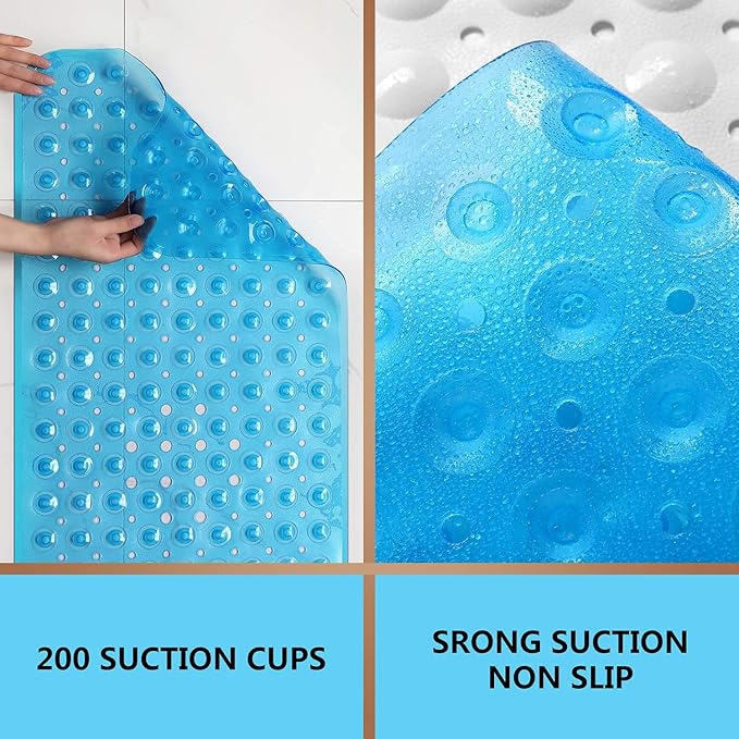 Upgrade Baby Bath Mat Non Slip Extra Long Bathtub Mat for Kids 40 X 16 Inch - Eco Friendly Bath Tub Mat with 200 Big Suction Cups,Machine Washable Shower Mat,Blue