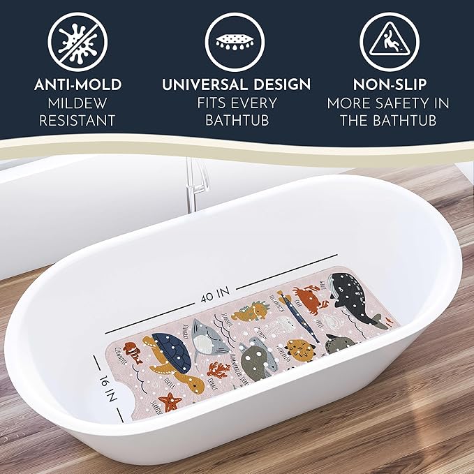 Bath Tub Mat Non Slip Anti Mold for Kids BPA Free INCL Hooks - homerella® Ocean Sea Animals 40x16, Baby Bath Mat Non Slip 200 Suction Cups, Non Toxic Machine Washable Toddler Bath Mat, EU Certified