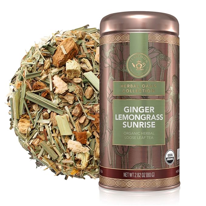 Teabloom Organic Herbal Tea, Ginger Lemongrass Sunrise Loose Leaf Tea, Sweet and Soothing, Fresh Whole Leaf Blend in Reusable Gift Canister, 2.82 oz/80 g Canister Makes 35-50 Cups