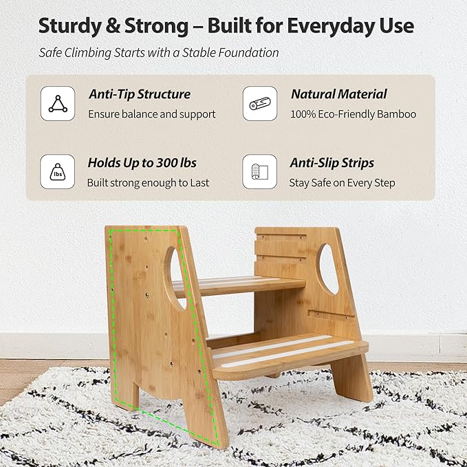 Wooden Toddler Step Stool for Bathroom Sink, Height-Adjustable, Luminous Anti-Slip Strips, Bamboo 2-Step Stool for Kids Adults, 300lbs, for Toilet Potty Training, Kitchen Counter, Bed