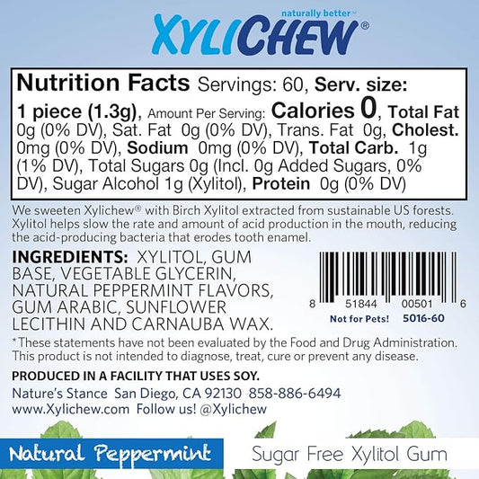 Xylichew 100% Xylitol Chewing Gum - Non GMO, Non Aspartame, Gluten Free, and Sugar Free Gum - Natural Oral Care, Relieves Bad Breath and Dry Mouth - Peppermint, 240 Count