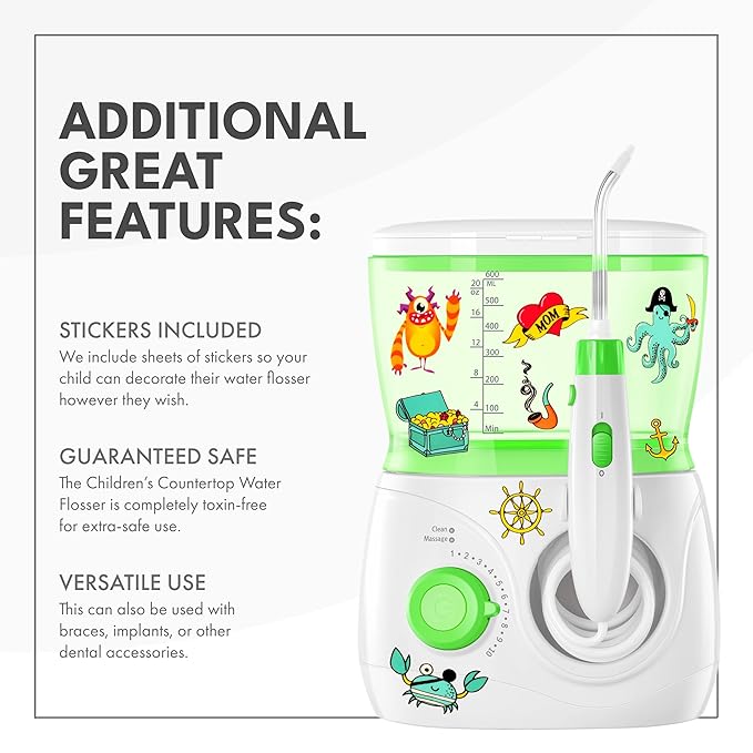 ToiletTree Products Children's Countertop Water Flosser - Dental Oral Irrigator for Kids - BPA-Free Dental Water Flosser with 600mL Capacity and Adjustable Water Pressure - Green