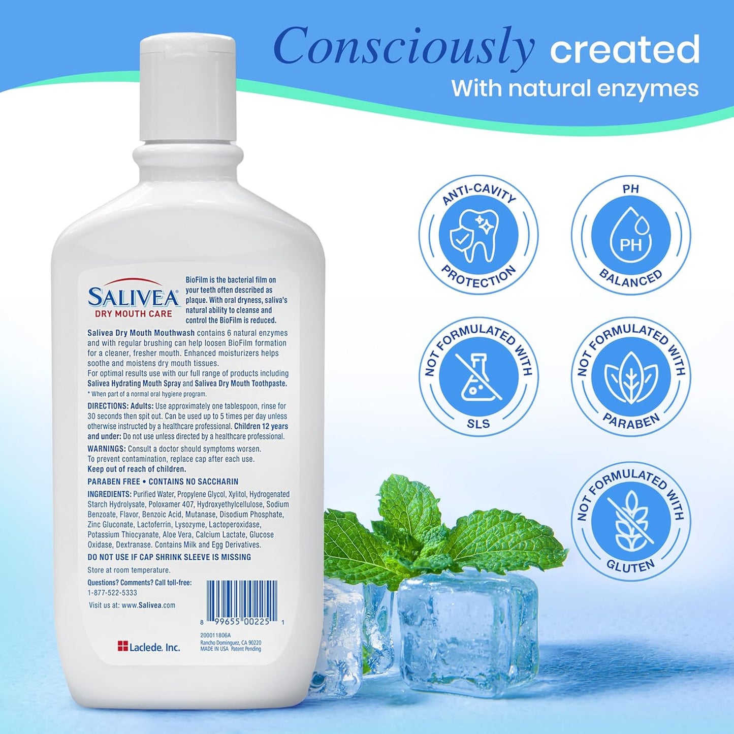 SALIVEA Dry Mouth Mouthwash - Soothing Mint Mouthwash with Natural Salivary Enzymes - Gentle Mouthwash to Aid Dry Mouth Care - Breath Freshener & Dry Mouth Care - Mint Flavor (16 oz Bottle)