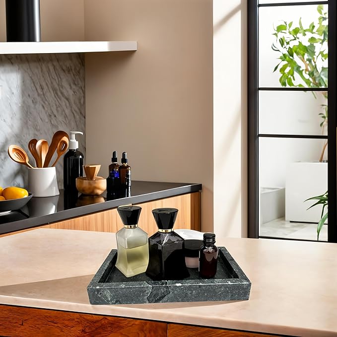 Natural Green Marble Tray for Bathroom | Kitchen | Vanity | Desktop, Stone Organizer for Coffee Table, Dresser, Nightstand, Candles, Soap, Towel, Plant, Jewelry (10" x 6"), Rectangular