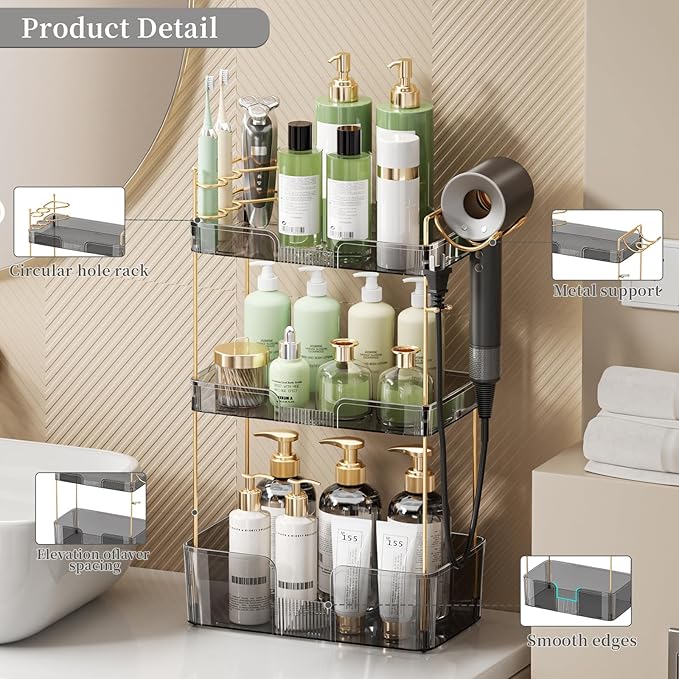 3 Tier Bathroom Organizer Countertop Makeup Perfume Tray Skincare Organizer Comes with Hair Dryer Rack and Toothbrush Holder for Bathroom Dresser Vanity (Grey)