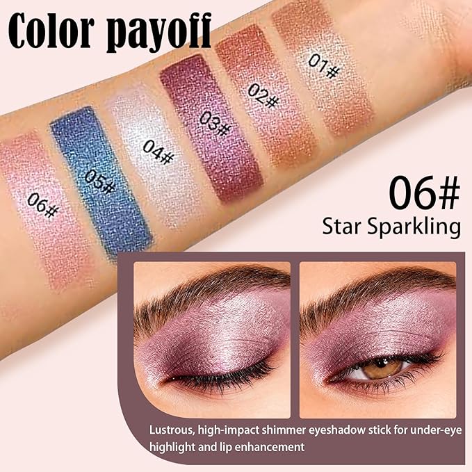 Light Pink Gold Glitter Cream Shimmer Eyeshadow Sticks, Multichrome Matte Eye Shadow Stick, Waterproof and Long-Lasting Smooth Cream Eye Highlighter Stick Makeup for Women, 6 Star Sparkling Pink