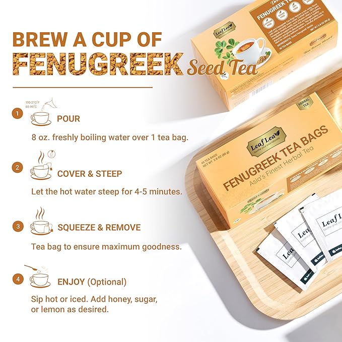 LeafLea 40 Natural Fenugreek Seed Tea Bags, 100% Pure from Fenugreek Seeds, Herbal Tea Infusion, Fenogreco Tea with Distinct Aroma and Smooth Flavor, Caffeine-Free, Individually Wrapped for Freshness