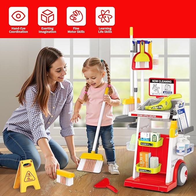 Kids Cleaning Toy Set, Toddler Cleaning Set, Pretend Play Cleaning Toys with Handheld Vacuum That Really Works,Cleaning Supplies,Cleaning Cart for Kids Toddler Christmas Birthday Gift(Red)