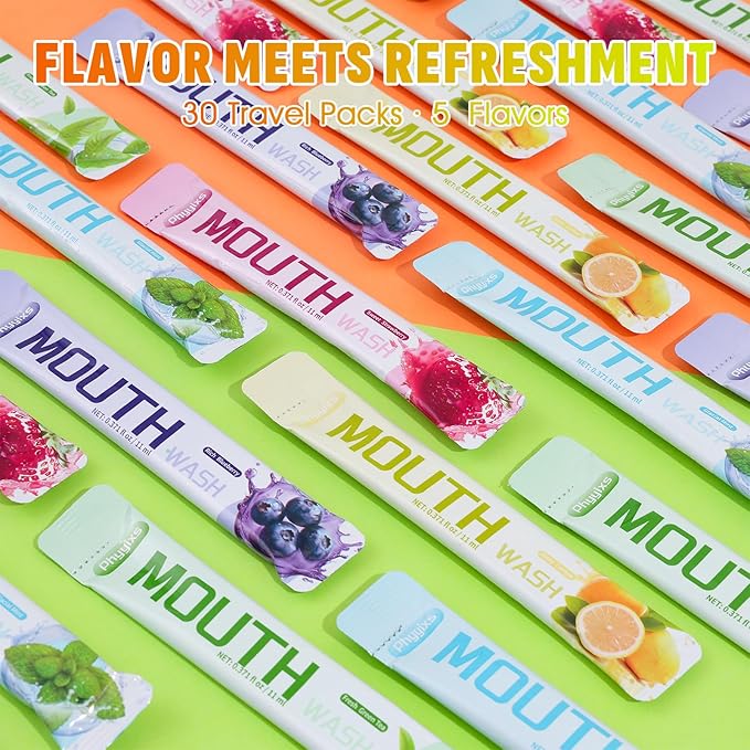Mouthwash Travel Size – 30 Individually Wrapped Portable Packets, Alcohol-Free & Fluoride-Free, On-The-Go Oral Hygiene for Fresh Breath Anytime(5 Flavors)