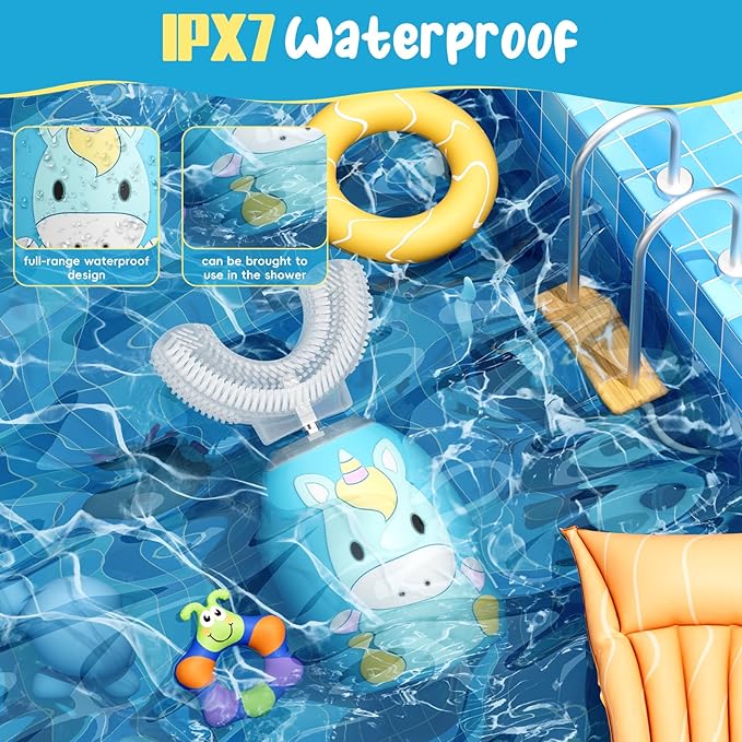 Kids U Shaped Electric Toothbrush 4 Brush Heads, Automatic Sonic Toothbrush Kids 2 Modes, Cartoon Design 360-Degree Cleaning IPX7 Waterproof