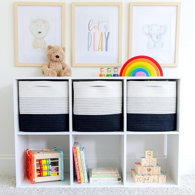 NaturalCozy Storage Cubes 11 Inch Cotton Rope Woven Baskets for Organizing, 3-Pack | Cube Storage Bin | Square Storage Baskets for Shelves Organizer, Classroom, Kids Toy Bins, Closet, Baby Nursery
