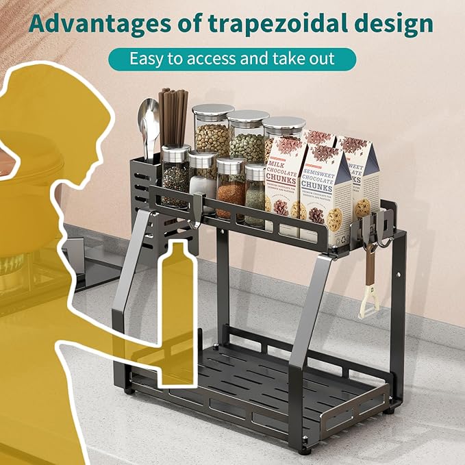 junyuan Bathroom Organizer Countertop,2 Tiered Tray Stand,Perfume Organizer Shelves with Toothbrush Holders,Bathroom Counter Storage Rack with Basket and Hooks Metal Black