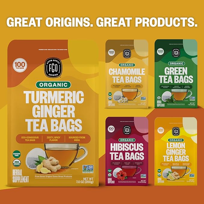 FGO Organic Turmeric Ginger Tea, Eco-Conscious Tea Bags, 100 Count, Packaging May Vary (Pack of 1)