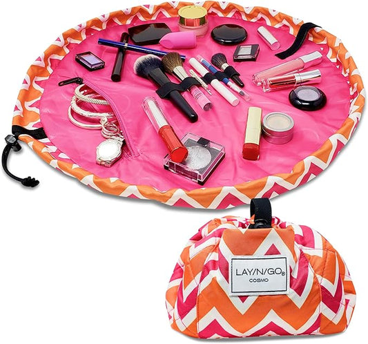 Lay-n-Go Cosmo Layflat Drawstring Cosmetic & Makeup Bag Organizer w/Zipper Pocket, Brush Loops & More, Cinch to Close, Lay Flat to Use, Durable, Machine Wash, Travel Toiletry Bag (20", Zig-Zag)