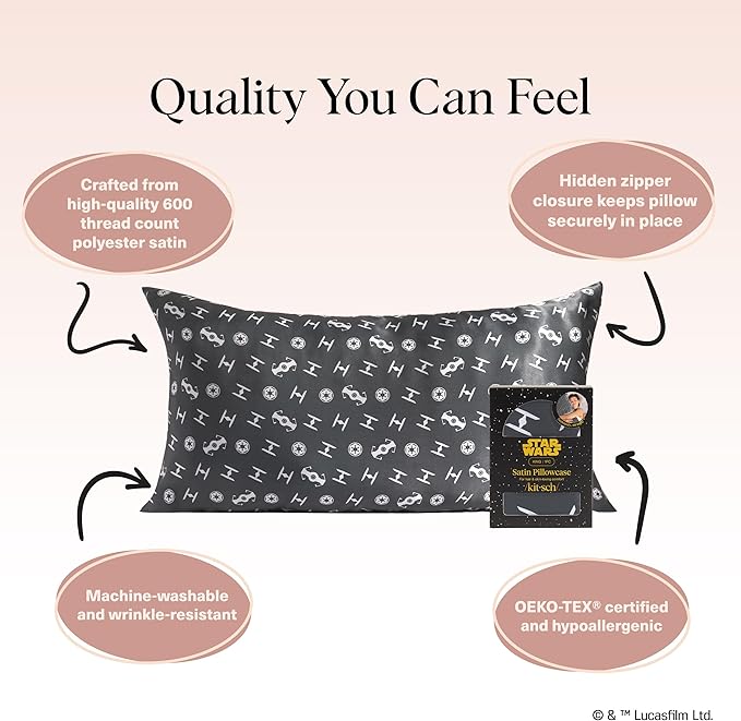 Kitsch x Star Wars Galactic Empire Satin Pillowcase | Satin Pillowcase with Zipper, Better Than Silk Pillowcase | Frizz-Reducing Pillow Case for Hair & Skin Care, Cooling & Breathable - King