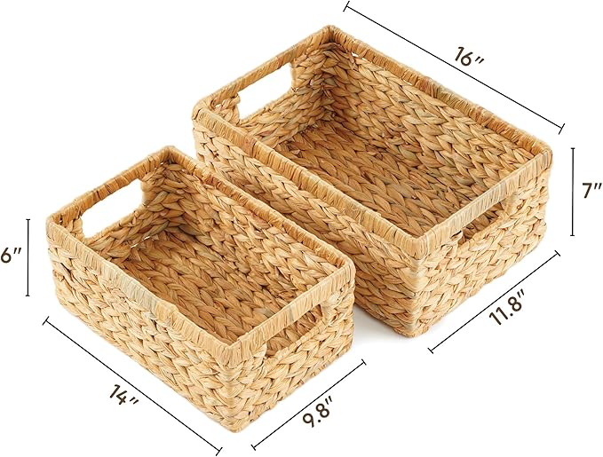 Greenatural Water Hyacinth Storage Baskets Set of 2, Handwoven Rectangular Organizer Trays with Handles in 2 Different Sizes, Nested Wicker Bins for Shelf, Bathroom, Kitchen, Office, Natural Decor