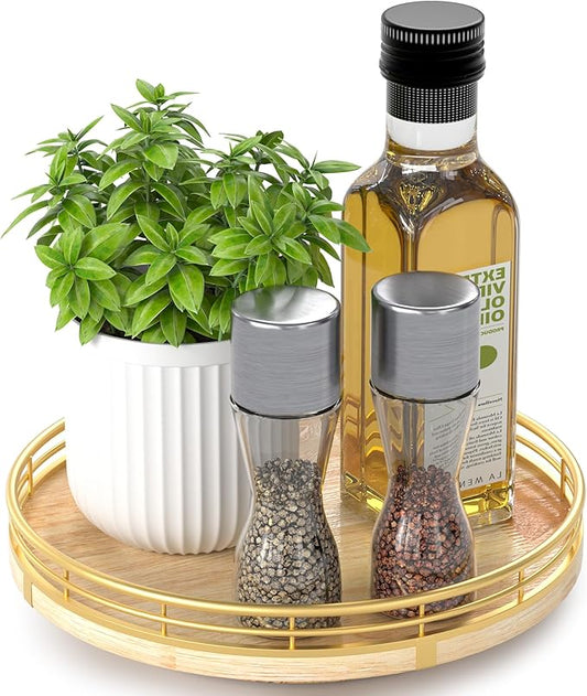 Farmhouse Oak 9" Lazy Susan Turntable Organizer for Cabinet, Round Wooden Lazy Susan Organization and Storage for Dining Table, Pantry, Kitchen, Countertop, Cupboard,Home Decor