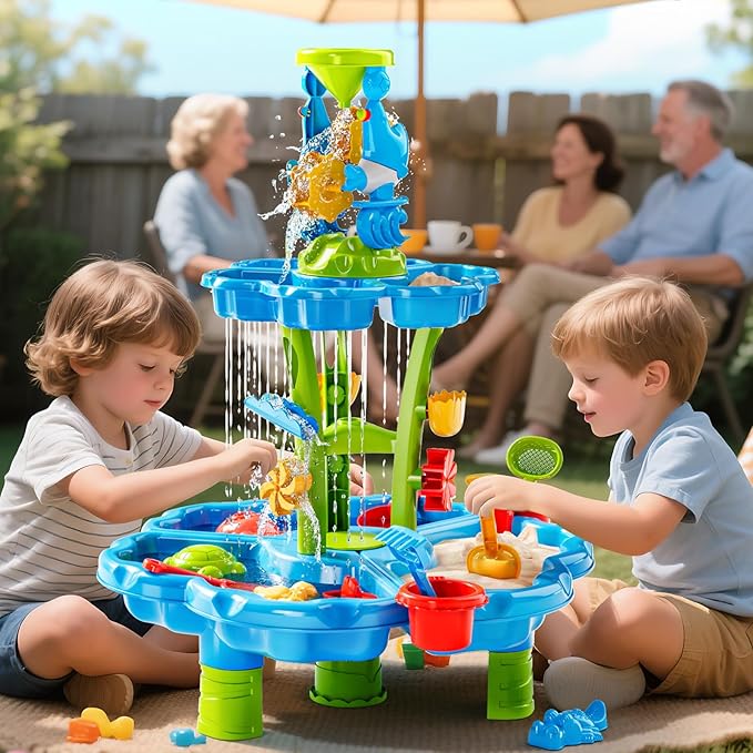 Water Table for Toddlers 1-3 & Kids 3-5 Outdoor Splash Pond & Sand Play Set with 3-Tier Water Table Rain Showers & Sensory Playset Activities – Summer Toys Birthday Gift for 3 4 5 6+ Years Old