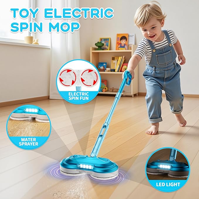 Kids Electric Spin Mop Toy, Rechargeable Cordless Electric Mop W/LED Headlight & Water Sprayer for Children Ages 3 4 5 6+ Boys & Girls, Cleaning Toy for Pretend Play (Light Blue)