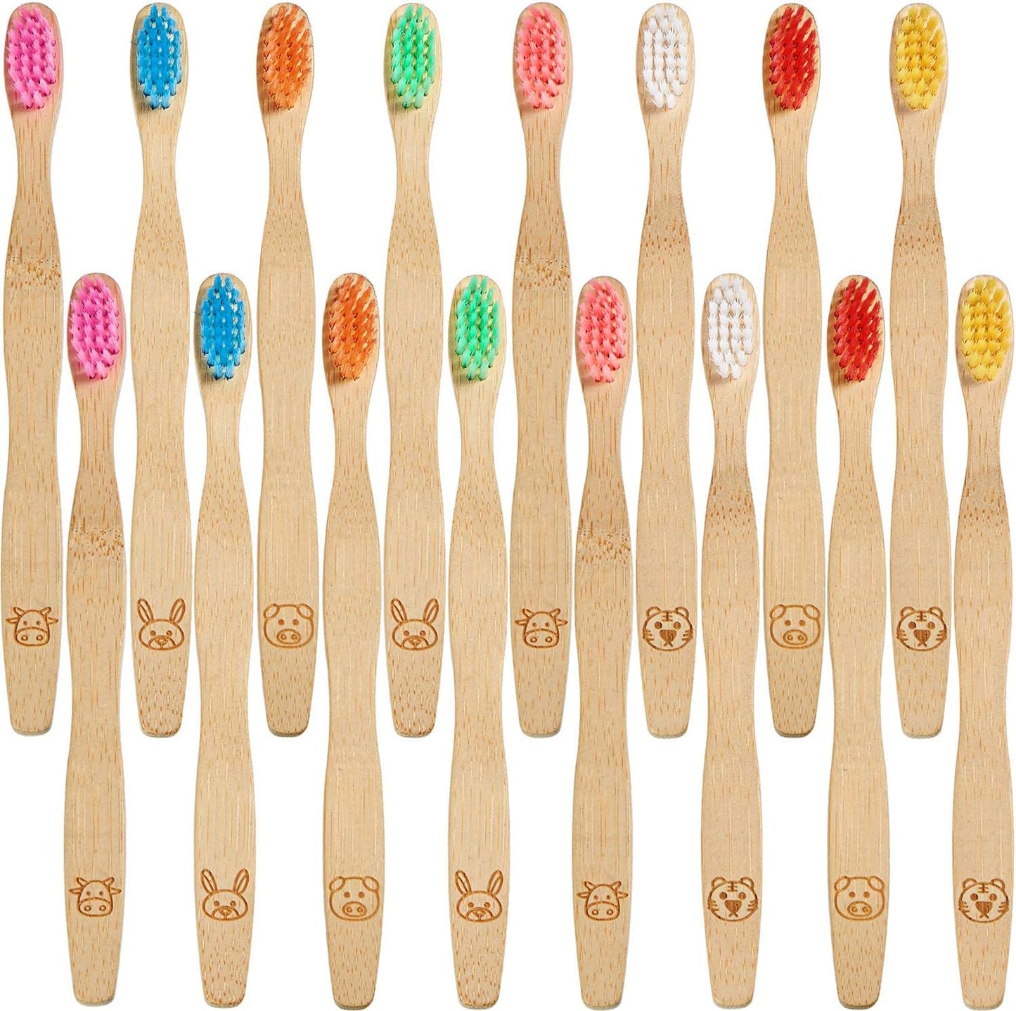 Boao 16 Pcs Kids Bamboo Toothbrush Soft Bristle Natural Toothbrush Wooden for Kids with Colorful Bristles and Ergonomic Animal Designs Handles