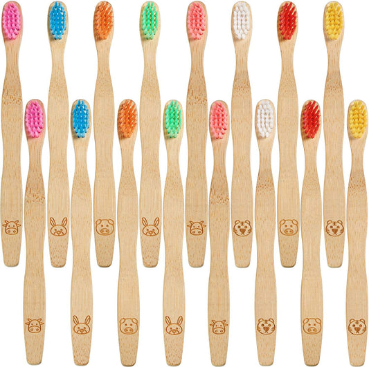 Boao 16 Pcs Kids Bamboo Toothbrush Soft Bristle Natural Toothbrush Wooden for Kids with Colorful Bristles and Ergonomic Animal Designs Handles