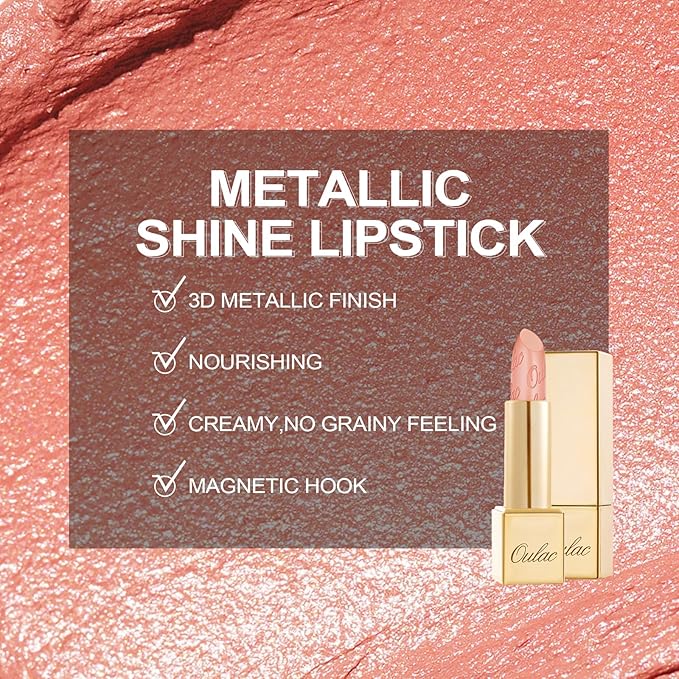 Oulac Coral Pink Matte Lipstick with Glow Metallic Finish - Vegan Lipstick for Women, Creamy Texture, Hydrating Clean Beauty Formula, High-End Magnetic Hook Design, GM09 Elysium