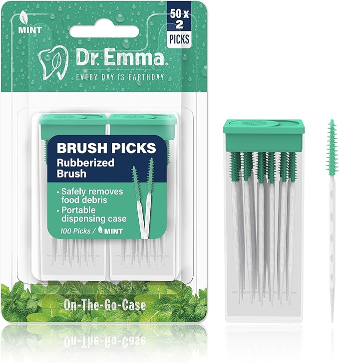 Dr. Emma Brush Picks Rubberized Mint Brush Picks, 2 Packs, 100 Picks/Pack