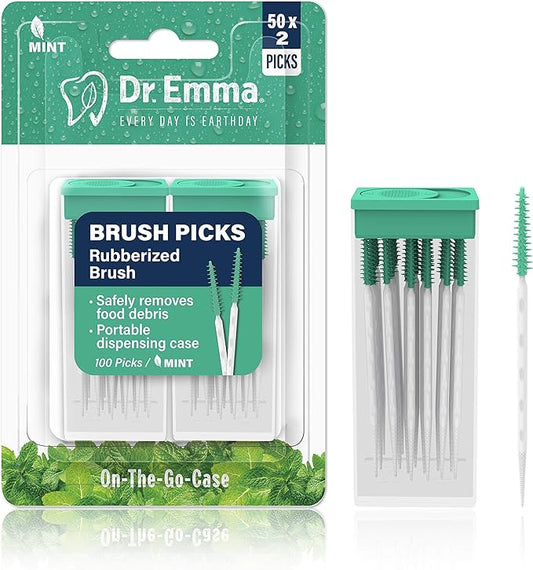 Dr. Emma Brush Picks Rubberized Mint Brush Picks, 2 Packs, 100 Picks/Pack