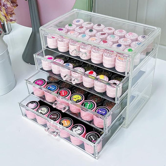 4 Tier Nail Art Decoration Storage Box，Acrylic Make Up & Jewelry Organizer with Drawers, Cosmetic Storage for Dresser Countertop and Bathroom，Beauty Holder for Lipstick Brush