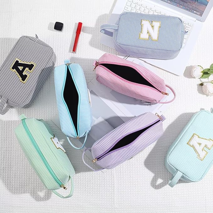 YOOLIFE Blue Cosmetic Travel Makeup Bag - Monogram Cute Initial Makeup Bags Cosmetic Toiletry Pouch Make Up Case for Women Her Best Friend Friendship Teacher, Personalized Birthday Gifts for Women V