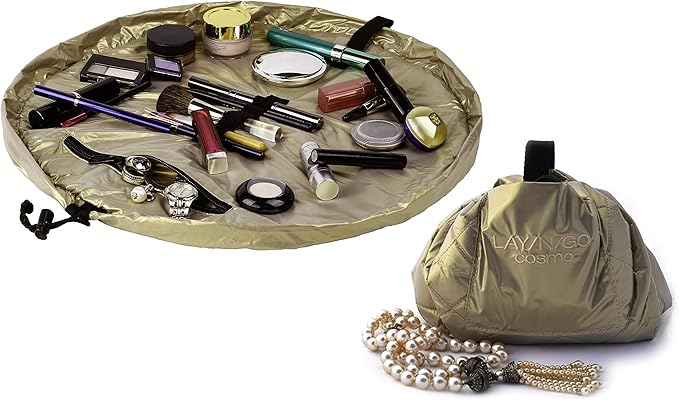 Lay-n-Go Cosmo Drawstring Cosmetic & Makeup Bag Organizer - Portable Drawstring Bag w/Zipper Pocket, Makeup Loops & More - Durable, Machine Washable Toiletry Bag for Travel (20", Metallic Gold)
