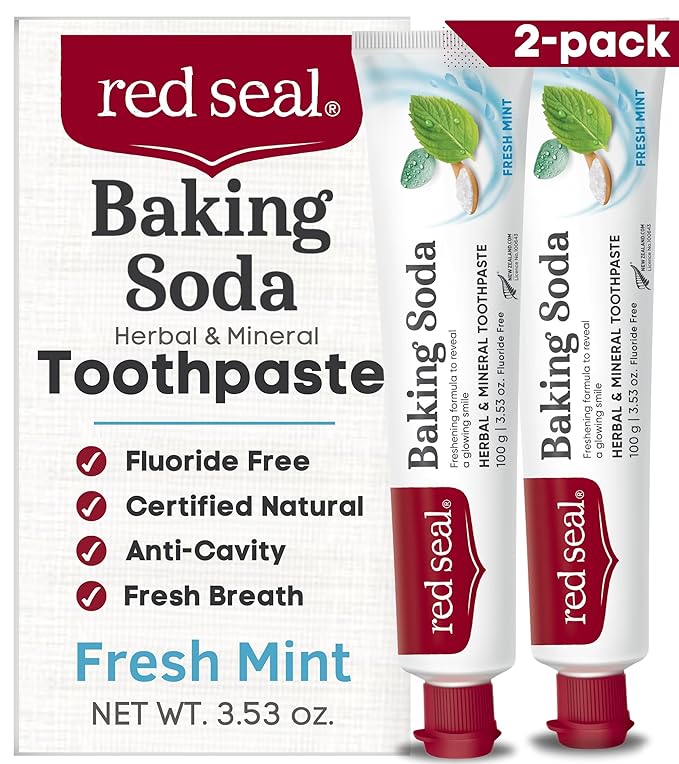 Red Seal Baking Soda Toothpaste - Fluoride-Free Herbal & Mineral Formula, Vegan-Friendly, Cruelty-Free, SLS and Paraben-Free, No Artificial Flavors, NATRUE Certified Natural, Dry Mouth Relief (2 Pack)