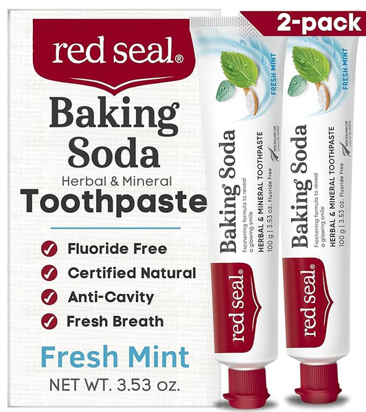 Red Seal Baking Soda Toothpaste - Fluoride-Free Herbal & Mineral Formula, Vegan-Friendly, Cruelty-Free, SLS and Paraben-Free, No Artificial Flavors, NATRUE Certified Natural, Dry Mouth Relief (2 Pack)