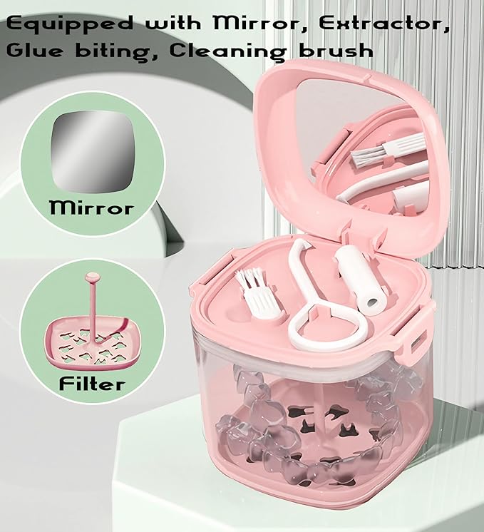 MURRI&MURRDI Retainer Case, Denture Bath Box with Strainer Basket, Mouth Guard Case, Braces Cleaner Cup, Cute Denture Holder Storage Soak Container for Travel Cleaning (A Pink)