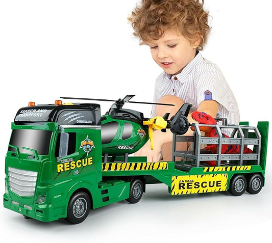 Dwi Dowellin Carrier Truck Kids Toys,25.6" Semi Truck Toy with Helicopter and Dinosaurs,Gifts for Age 3 4 5 6+ Years Old Boys Girls