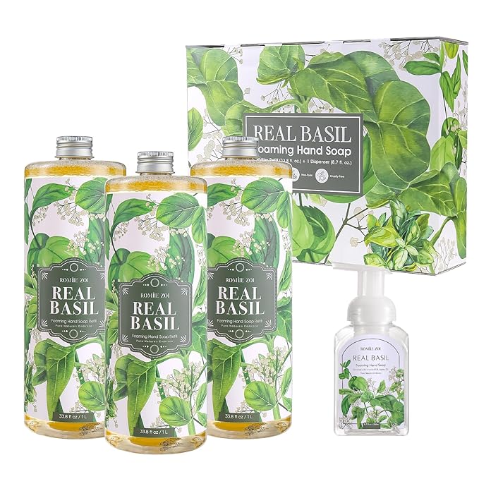 ROMIIE ZOI Basil Foaming Hand Soap Refill Gift Set – 3 Pack (33.8 Fl Oz Each) with Refillable Dispenser – Gentle, Moisturizing, Plant-Based Formula – Bulk Refill Bottles for Bathroom & Kitchen Use