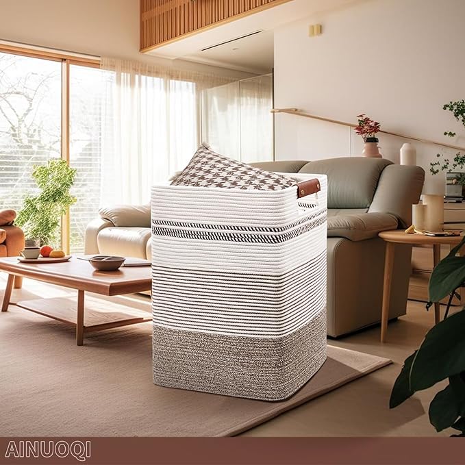 Laundry Hamper - Tall Woven Rope Laundry Basket - Clothes hamper with Leather Handles, 17.8" X 13.8" X 22", Blanket Storage Basket for Living Room, Rice Brown & White