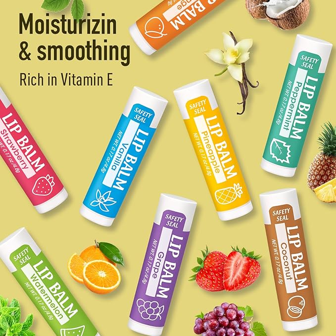32 Pack Lip Balm, Natural Lip Balm Bulk with Vitamin E and Coconut Oil, Moisturizing Lip Balms for Dry Cracked Lips, Lip Balms for Stocking Stuffers - 8 Flavors