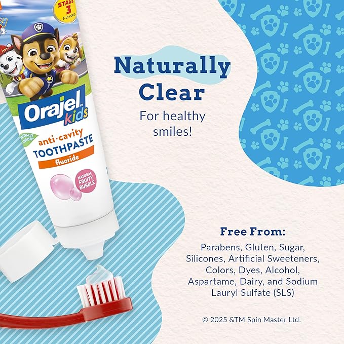Orajel Kids Paw Patrol Anti-Cavity Fluoride Toothpaste, Natural Fruity Bubble Flavor, 4.2oz (4-Pack)