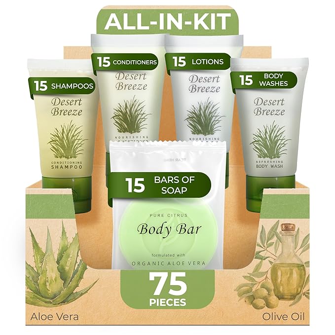 Desert Breeze Hotel Soaps & Toiletries Bulk Set | 1-Shoppe Amenities Kit | 1oz Shampoo & Conditioner, Body Wash, Lotion, Bar Soap | Travel Size | 75 Pieces