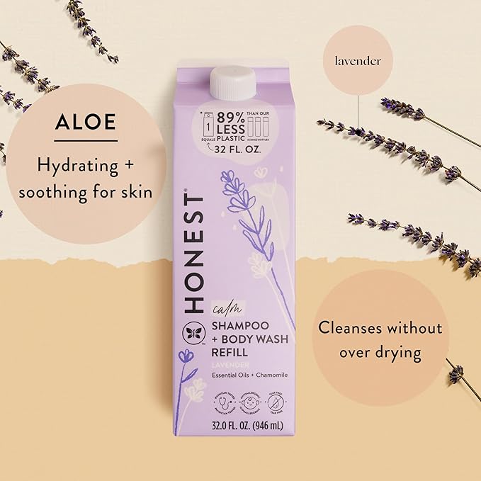 The Honest Company 2-in-1 Cleansing Shampoo Body Wash Refill Carton Gentle for Baby Naturally Derived Tear-free Hypoallergenic Lavender Calm 32 fl oz