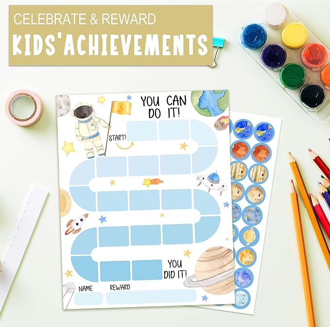 20 Outer Space Astronaut Reward Chart with 432 Round Stickers, Incentive Behavior Chart for Kids at Home Classroom, Kids Routine Daily Chore Sticker Chart-B17