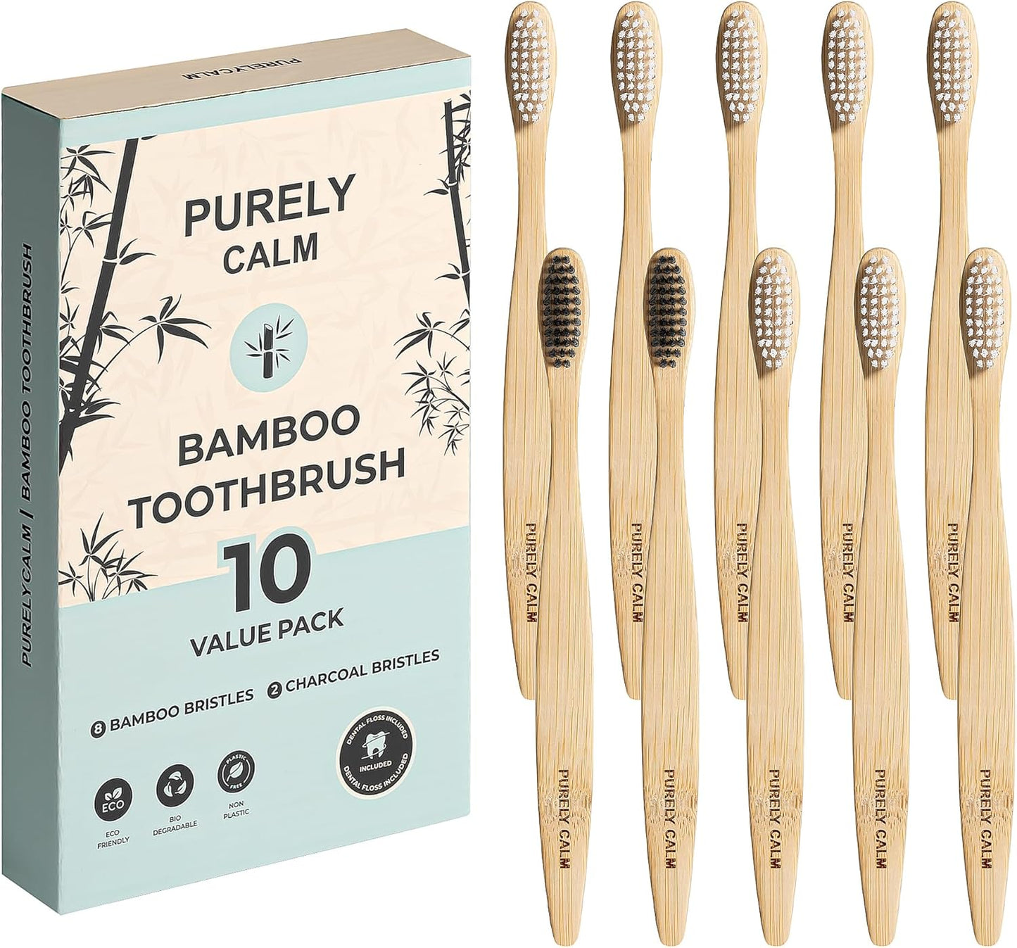 Bamboo Toothbrushes Set – 10-Pack (8 Standard + 2 Charcoal Bristle) – 2 Dental Floss as a Bonus - Eco-Friendly, Biodegradable Soft Bristle Toothbrush, Wooden Toothbrush for Adults & Kids