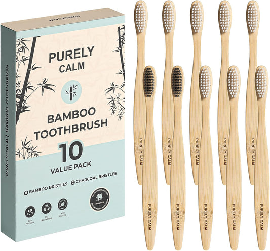 Bamboo Toothbrushes Set – 10-Pack (8 Standard + 2 Charcoal Bristle) – 2 Dental Floss as a Bonus - Eco-Friendly, Biodegradable Soft Bristle Toothbrush, Wooden Toothbrush for Adults & Kids