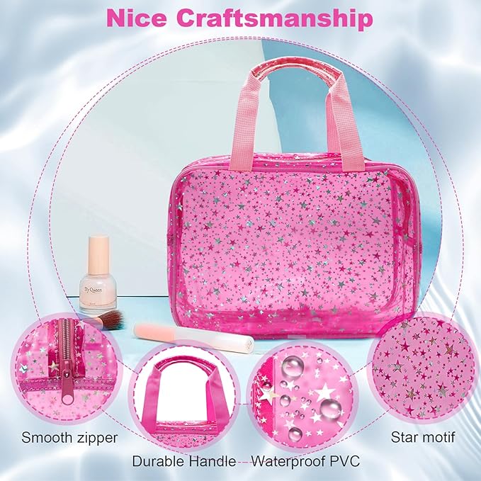 Clear Red Star Large Makeup Bag with Star Pattern 12x5x8 inch, Travel Cosmetic Bag with Handle, Durable PVC Material Washbag Zipper Opening Design for Makeup Travel Organizer or Gym Use