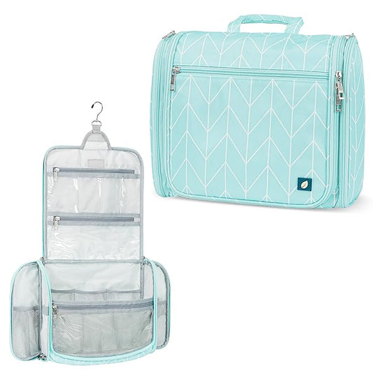 PAVILIA Large Hanging Toiletry Bag Travel Bag Women Men, Cosmetic Organizer, Water Resistant Makeup Bag Accessories Toiletries, Travel Essentials Kit, Teal Chevron