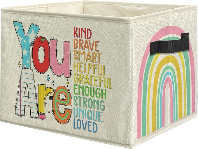 Boho Rainbow Inspirational Storage Bins, Positive Affirmation Gifts for Kids Collapsible Storage Box Laundry Basket with Handle for Home Bedroom Bathroom Playroom Clothes Toys Books