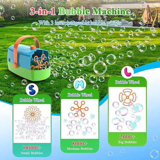 Bubble Machine, 3-in-1 Bubble Maker, Automatic Bubble Blower with 3 Bubble Wands, 8000+ Colorful Bubbles for Kids Toddlers, Operated by Plug-in or Batteries for Indoor Outdoor Birthday Party